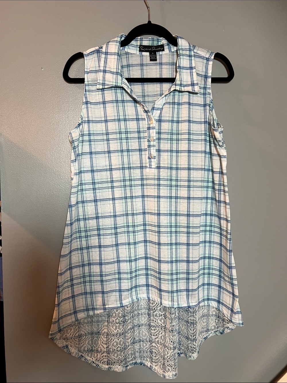 French Laundry Blue & White Plaid Sleeveless Henley Tunic with Lace Hem